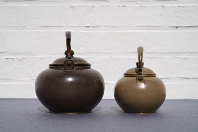 Two Chinese Bencharong Thai market polished Yixing stoneware teapots, 19th C.