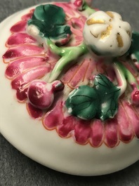 Two Chinese famille rose relief-moulded 'lotus' teapots and covers, Yongzheng