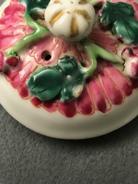 Two Chinese famille rose relief-moulded 'lotus' teapots and covers, Yongzheng