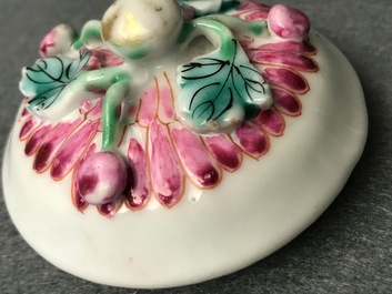 Two Chinese famille rose relief-moulded 'lotus' teapots and covers, Yongzheng