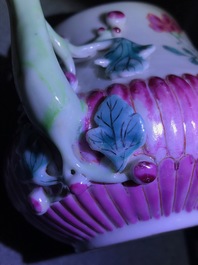 Two Chinese famille rose relief-moulded 'lotus' teapots and covers, Yongzheng