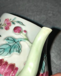 Two Chinese famille rose relief-moulded 'lotus' teapots and covers, Yongzheng