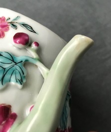 Two Chinese famille rose relief-moulded 'lotus' teapots and covers, Yongzheng