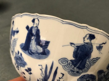 Four Chinese blue and white bowls, Chenghua and Xuande marks, Kangxi