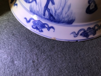 Four Chinese blue and white bowls, Chenghua and Xuande marks, Kangxi