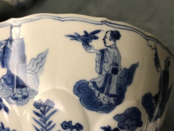 Four Chinese blue and white bowls, Chenghua and Xuande marks, Kangxi