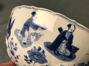Four Chinese blue and white bowls, Chenghua and Xuande marks, Kangxi