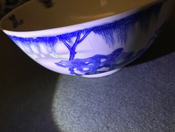 Four Chinese blue and white bowls, Chenghua and Xuande marks, Kangxi