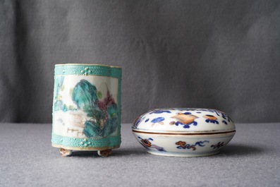 A Chinese doucai seal paste box and a famille rose brush pot, Qianlong marks, 19th C.