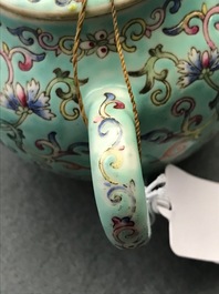 A Chinese turquoise-ground famille rose teapot, Jiaqing mark, Republic, 20th C.