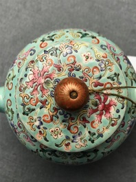A Chinese turquoise-ground famille rose teapot, Jiaqing mark, Republic, 20th C.