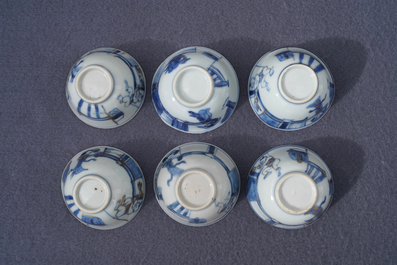 Six Chinese blue and white cups and seven saucers with gilded design, Kangxi/Yongzheng