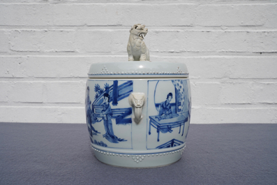 A Chinese blue and white covered bowl with ladies in a garden, Kangxi