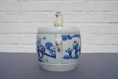 A Chinese blue and white covered bowl with ladies in a garden, Kangxi
