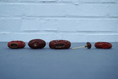 Four Chinese cinnabar lacquer snuff bottles, 19/20th C.