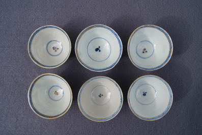 Six Chinese blue and white cups and seven saucers with gilded design, Kangxi/Yongzheng
