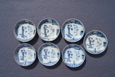 Six Chinese blue and white cups and seven saucers with gilded design, Kangxi/Yongzheng