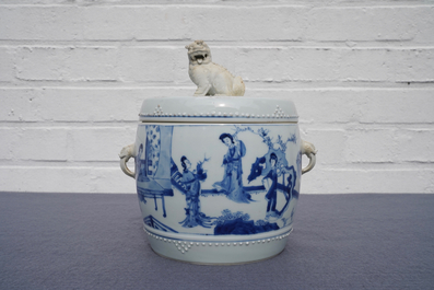 A Chinese blue and white covered bowl with ladies in a garden, Kangxi