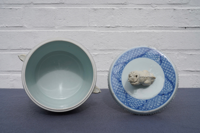 A Chinese blue and white covered bowl with ladies in a garden, Kangxi