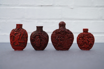 Four Chinese cinnabar lacquer snuff bottles, 19/20th C.