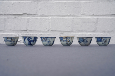 Six Chinese blue and white cups and seven saucers with gilded design, Kangxi/Yongzheng