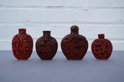 Four Chinese cinnabar lacquer snuff bottles, 19/20th C.