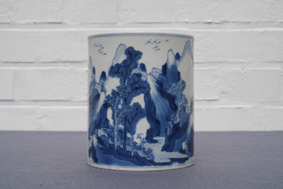 A Chinese blue and white 'carp' brush pot, bitong, Kangxi