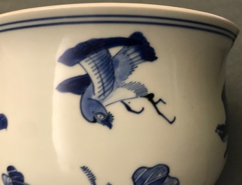A large Chinese blue and white censer with birds among blossoms, Transitional period