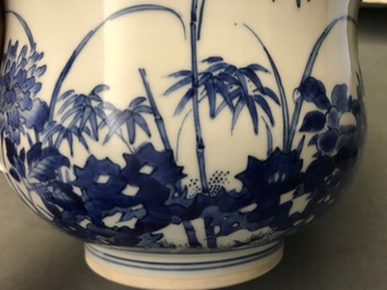 A large Chinese blue and white censer with birds among blossoms, Transitional period