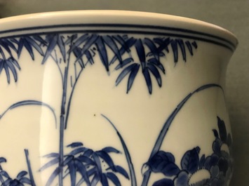 A large Chinese blue and white censer with birds among blossoms, Transitional period