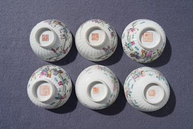 Six Chinese famille rose covered bowls on stands, 19th C.