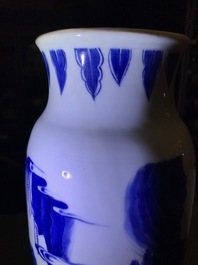 A Chinese blue and white sleeve vase with figural design all-round, Transitional period