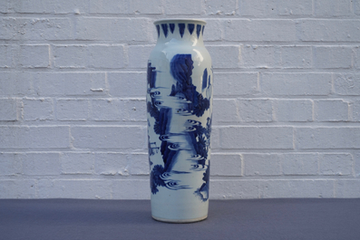 A Chinese blue and white sleeve vase with figural design all-round, Transitional period