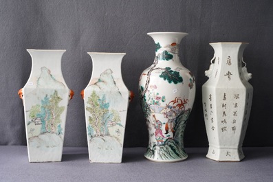 Four Chinese famille rose and qianjiang cai vases, 19th C.