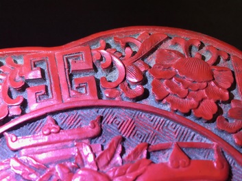 A Chinese carved cinnabar lacquer box and cover, Wanli mark, 18/19th C.