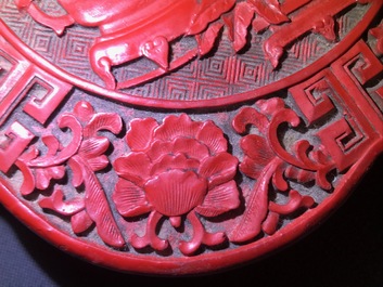 A Chinese carved cinnabar lacquer box and cover, Wanli mark, 18/19th C.