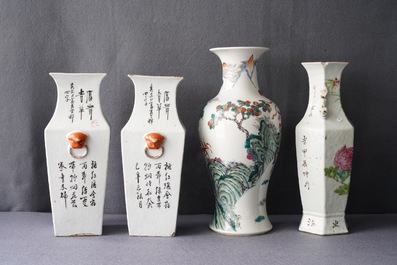 Four Chinese famille rose and qianjiang cai vases, 19th C.
