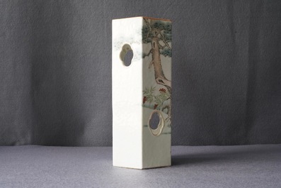 A Chinese reticulated hexagonal qianjang cai hat stand, signed Yu Huanwen, dated 1895