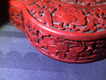 A Chinese carved cinnabar lacquer box and cover, Wanli mark, 18/19th C.
