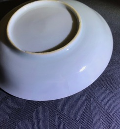 Six Chinese blue and white cups and seven saucers with gilded design, Kangxi/Yongzheng