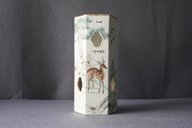 A Chinese reticulated hexagonal qianjang cai hat stand, signed Yu Huanwen, dated 1895