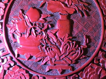 A Chinese carved cinnabar lacquer box and cover, Wanli mark, 18/19th C.
