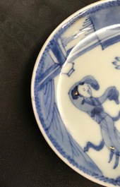 Six Chinese blue and white cups and seven saucers with gilded design, Kangxi/Yongzheng