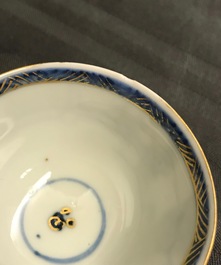 Six Chinese blue and white cups and seven saucers with gilded design, Kangxi/Yongzheng