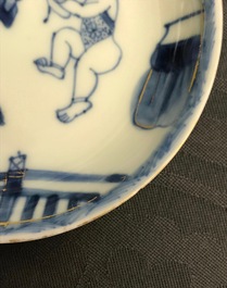 Six Chinese blue and white cups and seven saucers with gilded design, Kangxi/Yongzheng
