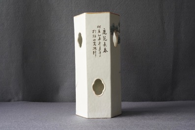 A Chinese reticulated hexagonal qianjang cai hat stand, signed Yu Huanwen, dated 1895