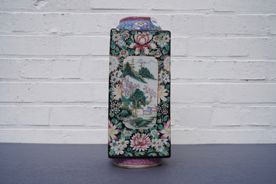 A Chinese famille rose millefleurs 'cong' vase, Qianlong mark, Republic, 20th C.