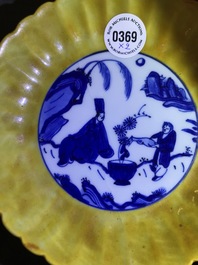 A pair of lobed Chinese blue and white yellow edge plates, 'hare' mark, Wanli