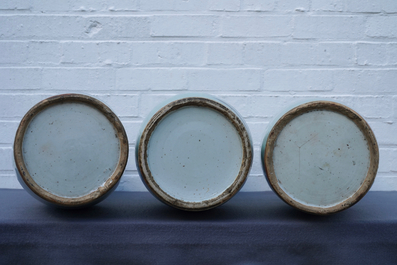 Three Chinese blue and white celadon-ground vases, 19th C.