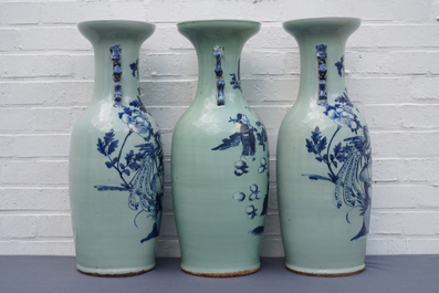 Three Chinese blue and white celadon-ground vases, 19th C.